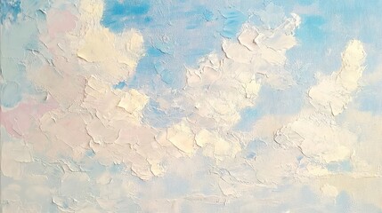 A textured oil painting showcasing a sky with fluffy clouds, pastel colors, and thick impasto, blending vintage style with modern tones.