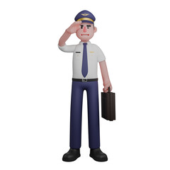 Professional Pilot 3D Art. A pilot is standing with his right hand saluting while his left hand is carrying a black bag. Male Character