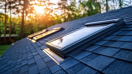 Sunlight reflecting off modern skylights on a house rooftop