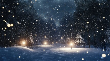 Fototapeta premium snow falling at night in a snowy dark forest with lights and stars