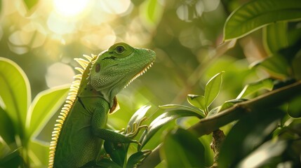 Fototapeta premium A Tight Shot of a Green Lizard Balanced on a Branch