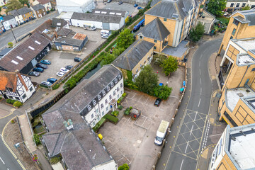 Aerial drone shot over the town of Bishops Stortford in England