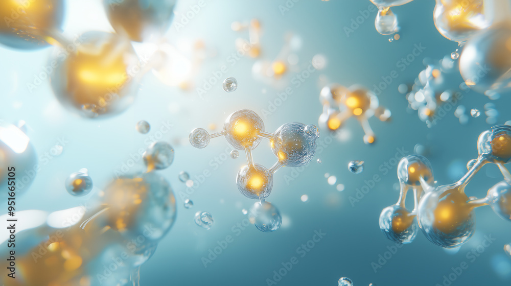 Poster A close-up visualization of molecular structures with glowing connections, representing scientific research, chemistry, and biotechnology in a dynamic 3D environment.