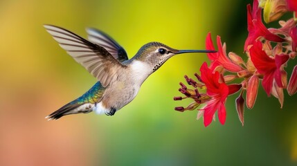 Naklejka premium Hummingbird in Flight, Feeding on Red Flower