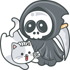 Illustration of cute skull ghost icon.
Funny skull ghost in activities stickers.
Angel of death cute elements.