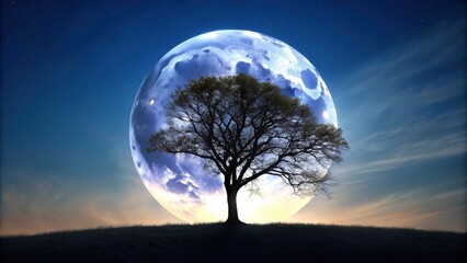 Naklejka premium Silhouetted tree against a full moon in the night sky, moon, tree, silhouette, night, sky, stars, branches, nature, landscape