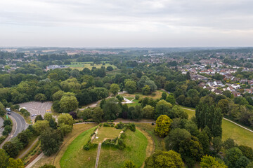 Aerial drone shot of a public park in the centre of Bishops Stortford, England