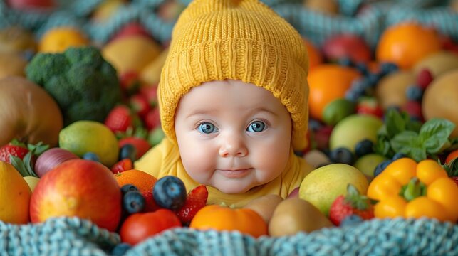 baby surrounded with fruits and vegetables on blue blanket, healthy child nutrition