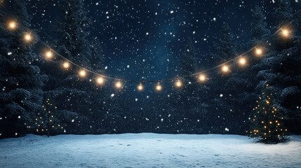 snow falling at night in a snowy dark forest with lights and stars