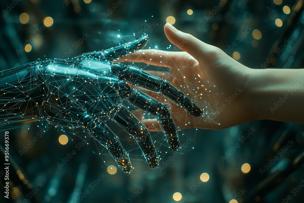Poster a human hand and a robotic hand reaching out to connect, surrounded by glowing digital networks, sym