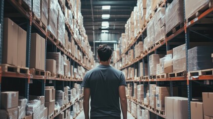 Man Walking Through a Warehouse