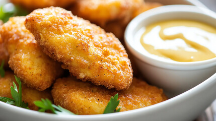 Chicken nuggets with honey mustard sauce.
