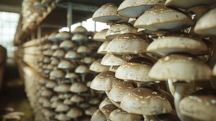 Fototapeta premium Close-up of numerous mushrooms growing in rows on the wall inside an indoor mushroom farm, with neutral tones.