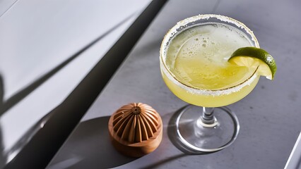 Selective focus of alcohol margarita cocktails with lime pieces and wooden squeezer on grey surface on white