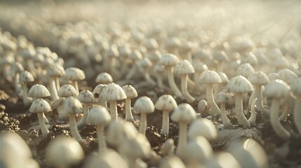 Obraz premium A field of white mushrooms, shallow depth of field, warm sunlight