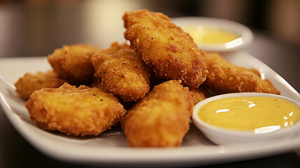 Chicken nuggets with honey mustard sauce.