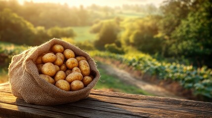 Fresh Potatoes in Burlap Sack at Sunset