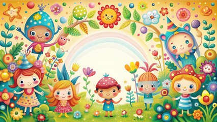 An enchanting and whimsical featuring colorful abstract shapes and adorable characters, magic, super cute, abstract