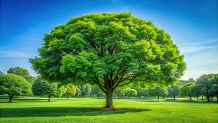Fototapeta premium Lush green tree standing tall in the peaceful park setting, tree, park, nature, green, foliage, outdoors, scenery