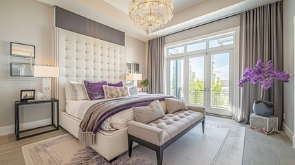 Elegant Bedroom with Plush Tufted Headboard, Chandeliers, and Soft Purple Accents
