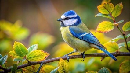 Obraz premium Bluetit bird perched on a tree branch surrounded by leaves, with a blurred background , Bluetit, bird, tree, branch, leaves