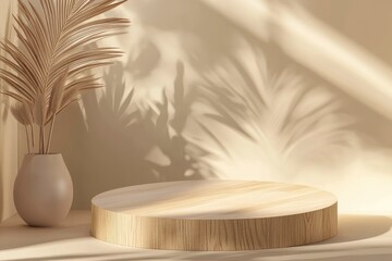 Wooden floor podium stage. Round wood platform, board display for cosmetic products presentation or exhibition. with generative ai