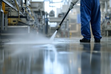 Obraz premium They wear clean and standard blue protective suits. Factory workers clean the factory floor, reflecting their dedication to maintaining strict hygiene standards, using high-pressure water jets.