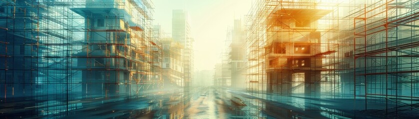 Fototapeta premium Deserted construction site with a collapsing building and twisted scaffolding, symbolizing market failure.