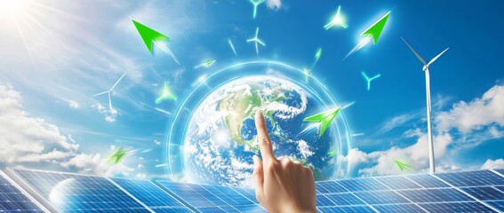Highly detailed illustration of solar panels and wind turbines with a hand pointing towards them, surrounded by green arrows around the planet Earth in a blue sky background.