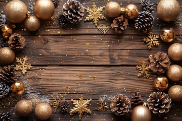 Festive Christmas Wood Background with Golden Ornaments, Pine Cones, and Snowflakes for Holiday Designs