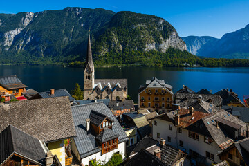 The UNESCO world heritage site city Hallstatt by the Hallstatter See in Austria early in the...