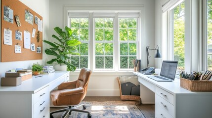 A bright and airy home office with a white desk, a laptop, and a large corkboard filled with inspiration. The room is filled with natural light, creating a positive workspace.