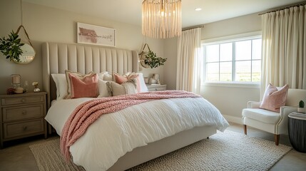Cozy bedroom with tufted headboard and soft pink accents, natural light streaming through window 