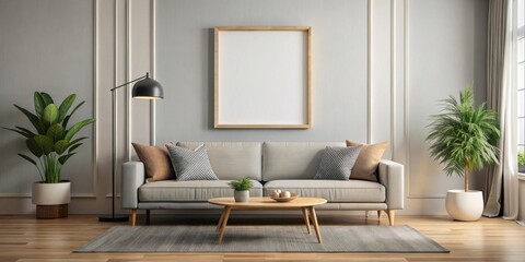 Mockup poster frame on modern sofa in living room, mockup, empty, blank, poster, frame, sofa, contemporary, style, living room