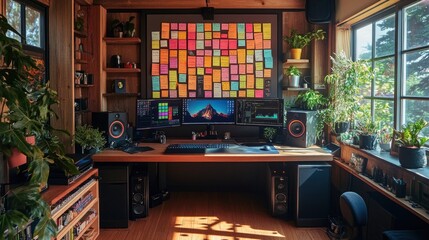 A home office with a creative vibe, featuring a large desk, a dual-monitor setup, and a wall covered in colorful sticky notes. The space is designed for brainstorming and collaboration.