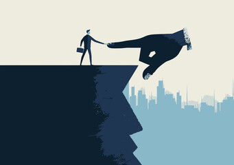Fototapeta premium Giant Hand Helping Businessman Across Gap, Conceptual Illustration of Support, Assistance, Business Challenge Overcoming, Minimalistic Design