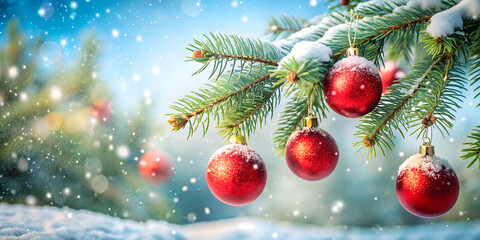 Fototapeta premium Sparkling Christmas magic with red ornaments adorning snow-covered pine branches, perfect for holiday greetings and festive designs, creating a warm winter glow