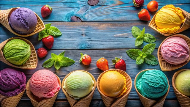 Colorful ice creams in various flavors and shades, helados, colors, rainbow, sweet, desserts, summer, cold, treats