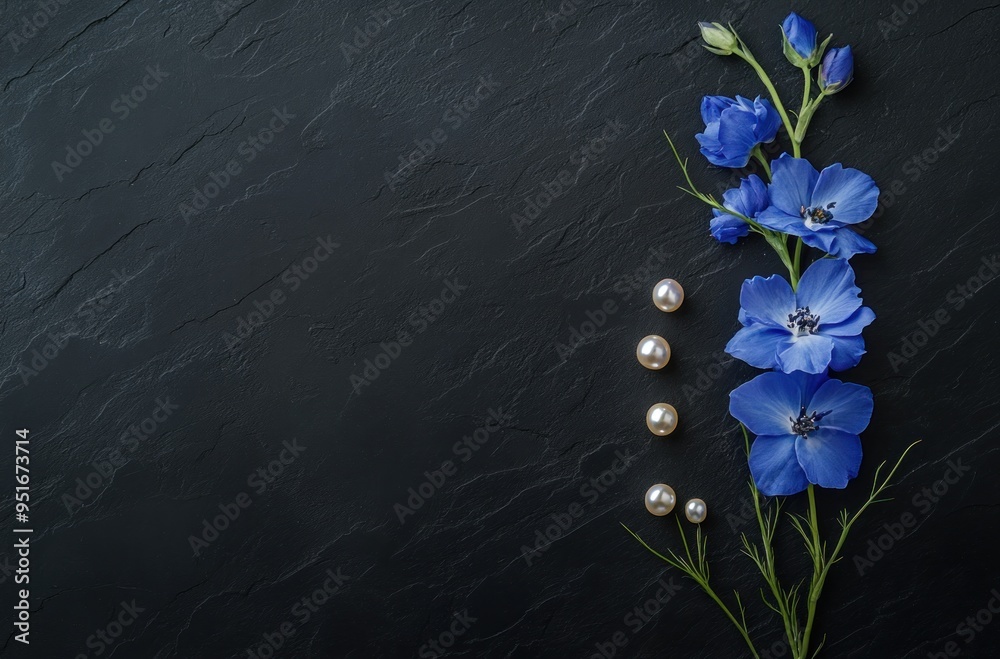 Canvas Prints Blue Flower and Pearls on Black Slate