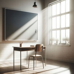 Fototapeta premium a classroom with tables and chairs and a chalkboard with the word w on it.
