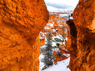 Snow scene colorful cliffs with red rock and stone in Bryce Canyon National Park