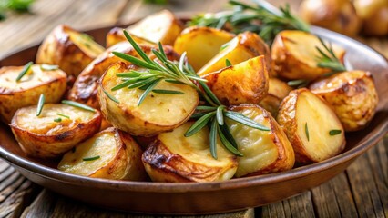 Close up of delicious roasted potatoes with fresh rosemary sprigs , roasted, potatoes, rosemary, herbs, seasoning