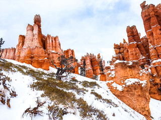Snow scene colorful cliffs with red rock and stone in Bryce Canyon National Park