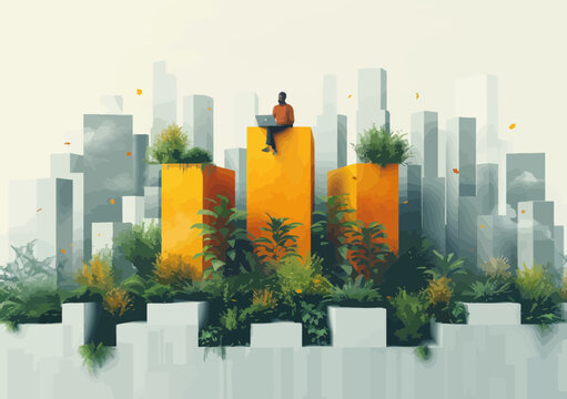 Modern Businessman Working Remotely Among Urban Nature, Concept Illustration of Sustainable Business Growth and Eco-Friendly Workplaces