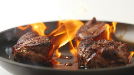 pan steak cooking over fire