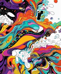 A vibrant abstract composition featuring swirling colors and dynamic shapes.