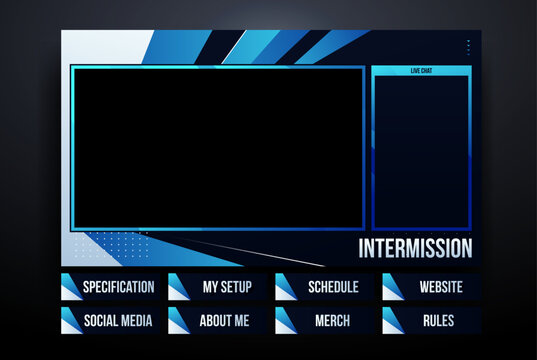 Blue and Black Twitch Stream Overlay Template with Intermission Design - Powered by Adobe