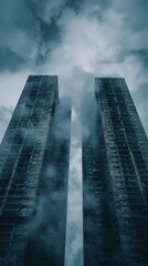 Fototapeta premium Unfinished skyscraper skeletons under cloudy skies, conveying the uncertainty and financial strain on the construction industry.