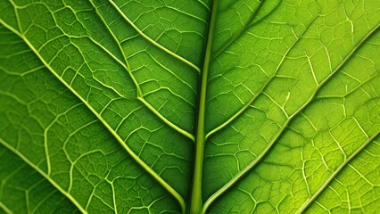Obraz premium Close-up of a green leaf showing intricate veins and textures.
