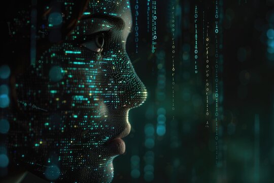 Digital AI Art  Female Face  Matrix Numbers  Hidden Watcher